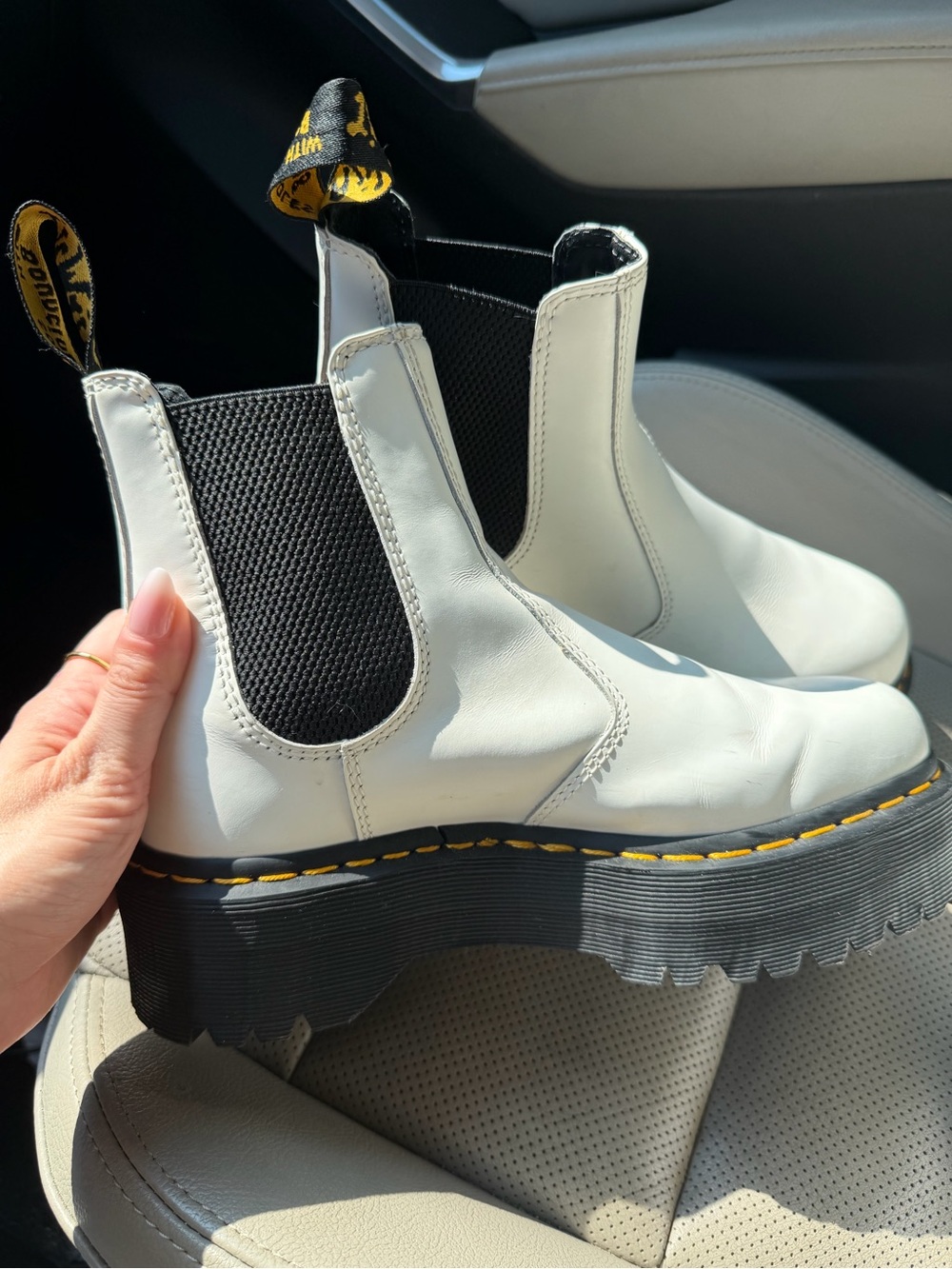 Dr. Martens White Leather Platform Chelsea Boots with Yellow Stitching